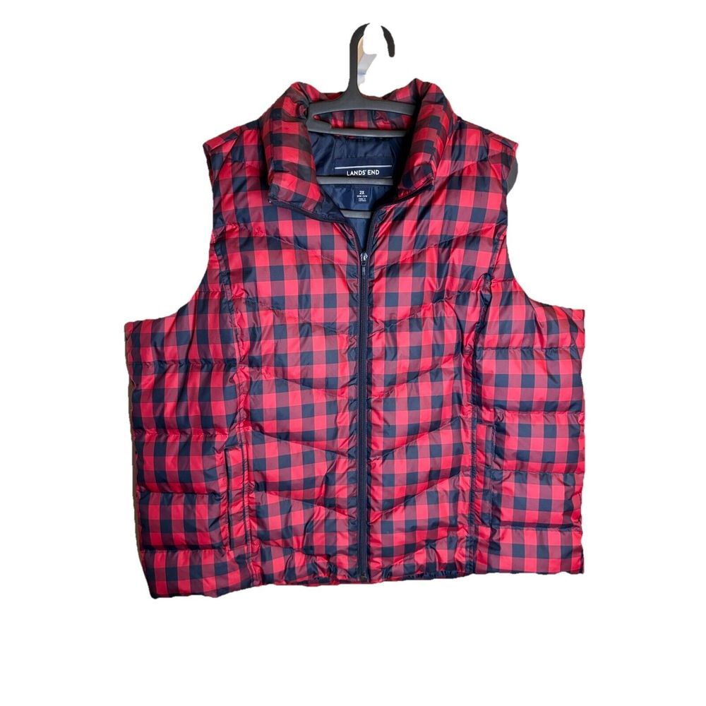 Lands End Womens Down Puffer Full Zip Vest Buffalo Plaid ‎ 2X 20W-22W